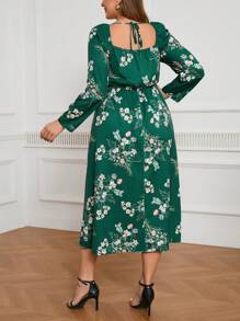 SHEIN Frenchy Plus Size Floral Printed Long Dress With Sweetheart Collar - Dark Green - View 2