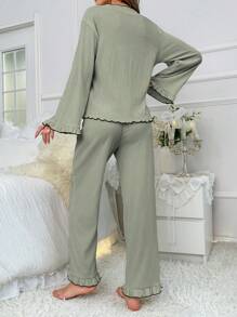 Contrast Color Tie Front Pajama Set With Ruffle Trim Detail