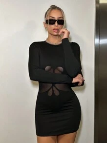 SHEIN ICON Ladies' Sheer Mesh Splice Bodycon Dress - Black - View 5