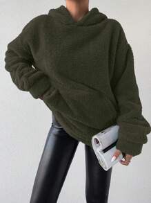 EURMUSE Kangaroo Pocket Teddy Hoodie - Dark Green - View 5