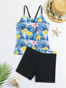 Tween Girls Tropical Print Tankini Set - Black - View 1