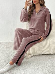 SHEIN Frenchy Zipper Half Placket Contrast Side Seam Top And Pants Set - Pink - View 3