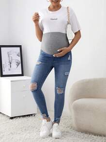 SHEIN Maternity Elastic Hole Jeans With Adjustable Waist And Tight Fit - Multicolor - View 5