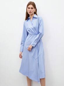 BizChic Của phụ nữ Sọc Cổ áo sơ mi Đầm - Xanh và trắng - Xem 4