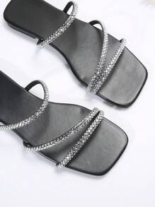 Crystal Embellished One-Strap Slide Sandals, French Minimalist Fashion Niche High-End Flat Slippers For Women Summer - Black - View 6