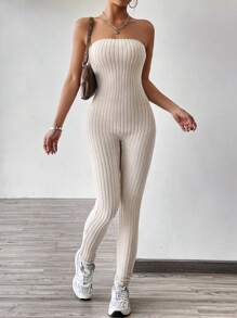 SHEIN EZwear Women's Ribbed Strapless Unitard Jumpsuit, For Summer - Apricot - View 4