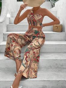 Breezaya 隨機印花單肩短款上衣和寬腿長褲套裝 - 彩色 - 查看 5