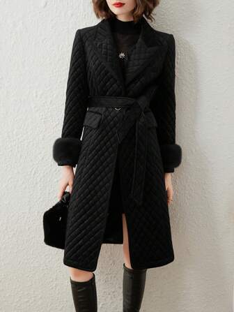 Winter New Arrival Elegant Diamond Check Quilted Stitching Cuff Coat