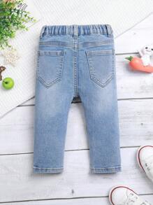 Baby Girl Cartoon Print Elastic Jeans - Medium Wash - View 2
