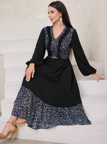 Mulvari Vestido De Manga De Linterna Para Mujer Con Diseño De Estampado Y Parches Y Dobladillo De Volantes