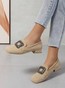 女士復古天鵝絨鑲嵌方形扣粗跟鞋,四季適用 - 卡其色 - 查看 1