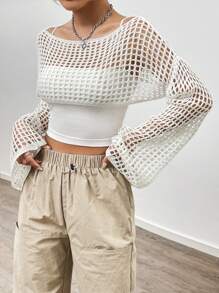 Flirla 女士空心編織短款毛衣上衣 - 彩色 - 查看 5