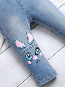 Baby Girl Cartoon Print Elastic Jeans - Medium Wash - View 3