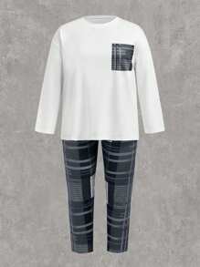 Maweii 大尺碼圓領長袖t恤和格子長褲套裝 - 黑色 - 查看 5