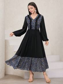 Mulvari Vestido De Manga De Linterna Para Mujer Con Diseño De Estampado Y Parches Y Dobladillo De Volantes