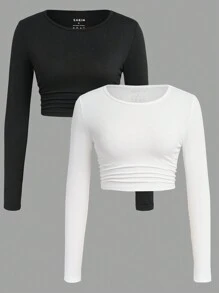 INAWLY 2入組長袖短款上衣 - 白色 - 查看 3