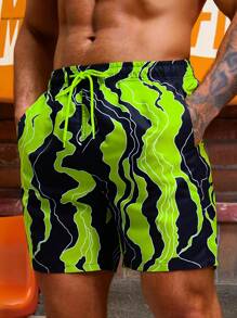 Manfinity 男士图案印花松紧腰抽绳沙滩短裤泳池短裤，适合海滩、度假