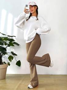 SHEIN EZwear 口號與花卉印花長袖運動衫和喇叭褲套裝 - 棕色 - 查看 2