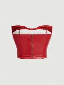 SHEIN MOD 蝴蝶結裝飾 Pu 皮革抹胸上衣 - 紅色 - 查看 2