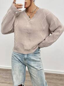 SHEIN Unity 女士V领落肩针织套头衫秋冬毛衣 - 卡其色 - 查看 1
