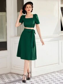 Vintamour Crop Top & Puff Short Sleeve Square Neck Top And Skirt Set