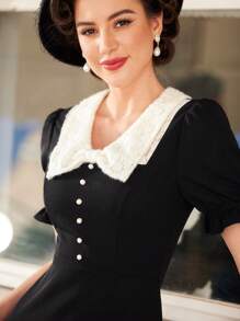 Vintamour 女士拼色翻领泡泡袖连衣裙演唱会夏季女士带袖连衣裙复古衣服黑色春季连衣裙 - 黑與白 - 查看 7