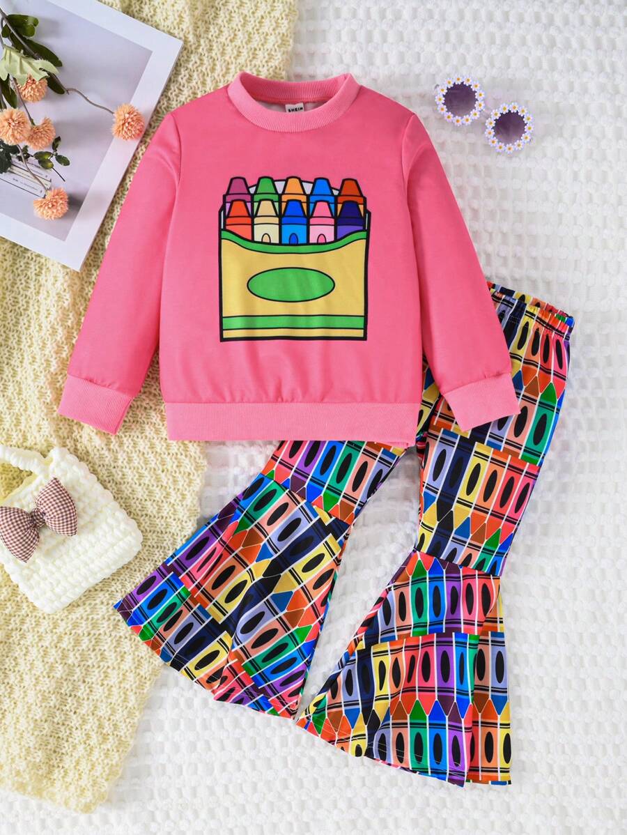 SHEIN 2入組幼兒女童可愛蠟筆圖案運動套裝,適用於春秋季節 - 西瓜粉 - 查看 1