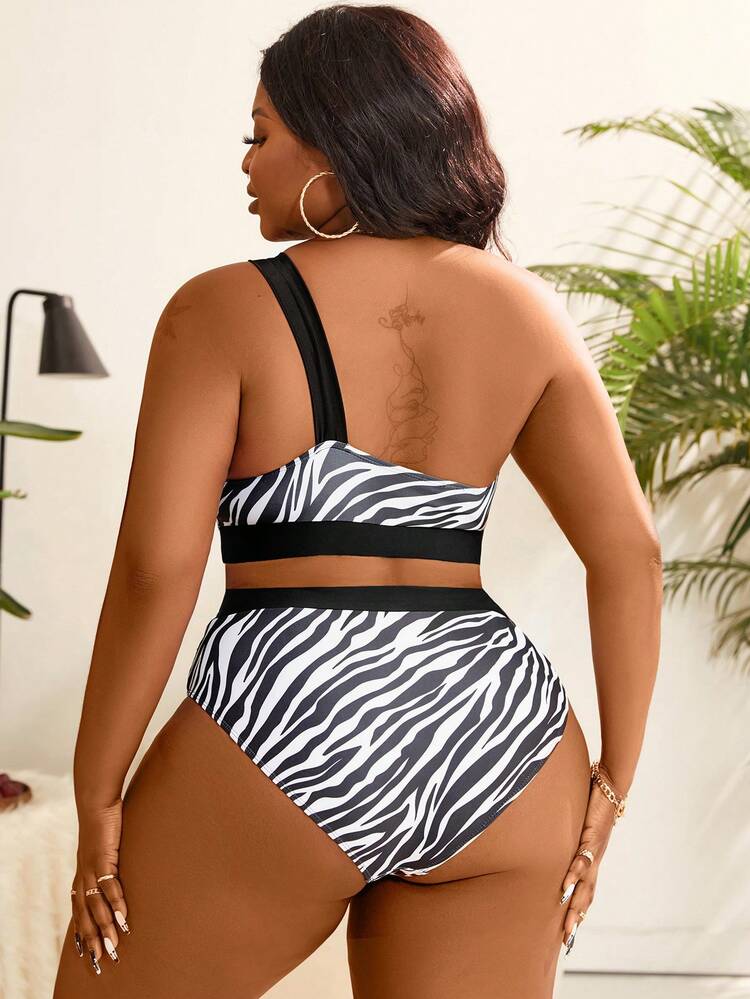 Plus Size Women's One Shoulder Zebra Print Bikini Set Summer Beach
