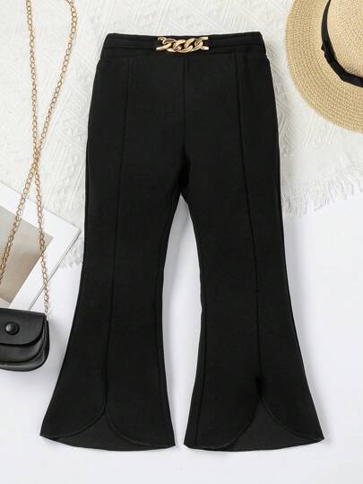 SHEIN Young Girl Stylish Black Split Flare Pants With Metal Chain Decoration