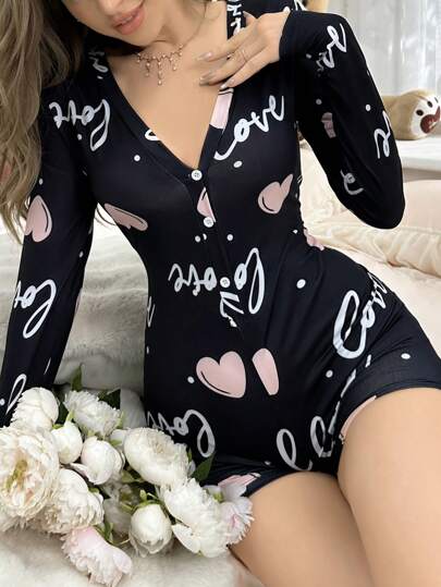 Pijama de una pieza con estampado de letras y corazones de manga larga para mujer, otoño e invierno