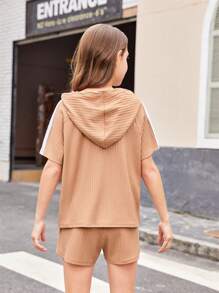 Cô gái Tween Dệt kim Màu thuần Tay Raglan Hoodie Và Lỏng lẻo Bộ quần short , Mùa hè - Màu Khaki - Xem 2