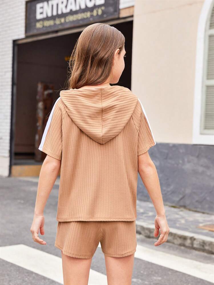 Tween Girls' Knitted Solid Color Raglan Sleeve Hoodie And Loose Shorts Set, Summer