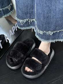 時尚防滑女士家居保暖毛絨拖鞋 - 黑色 - 查看 3