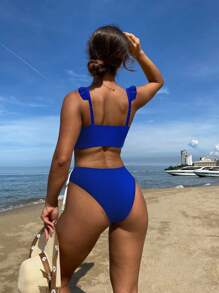 Swim Vcay 女用荷葉邊下擺和打結細節比基尼吊帶背心 - 寶藍色 - 查看 3