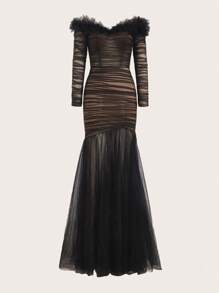SHEIN Belle Women's Mesh Splice & Ruffle Neckline Fish Tail Evening Party Dress (heavy Work) - Black - View 9