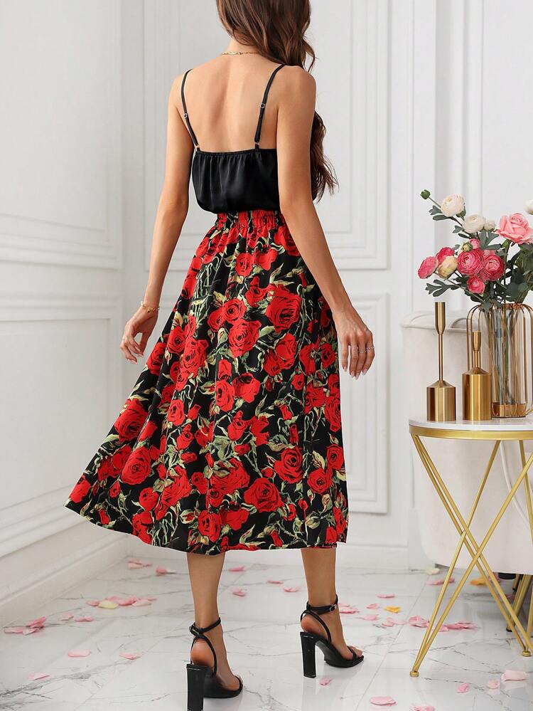 Women's Cowl Collar Cami Top And Floral Skirt Set