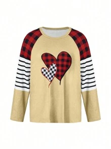 SHEIN LUNE Plus Size Striped & Plaid Splicing Heart Print T-Shirt - Apricot - View 3