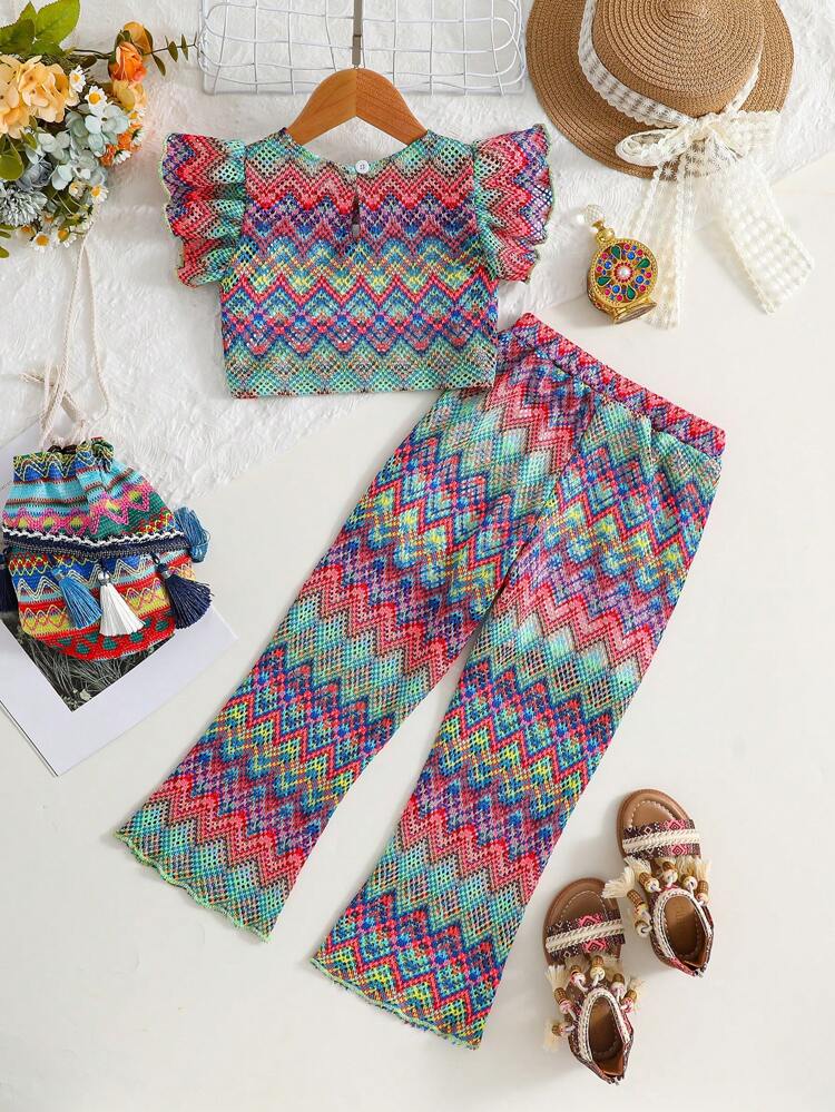 Toddler Girls' Full-Printed Ruffle-Sleeved Top And Pants Set