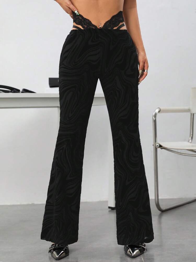 Plush Fabric Flare Pants With Water Ripple Lace Patchwork, High-Waisted And Hollow Out Design