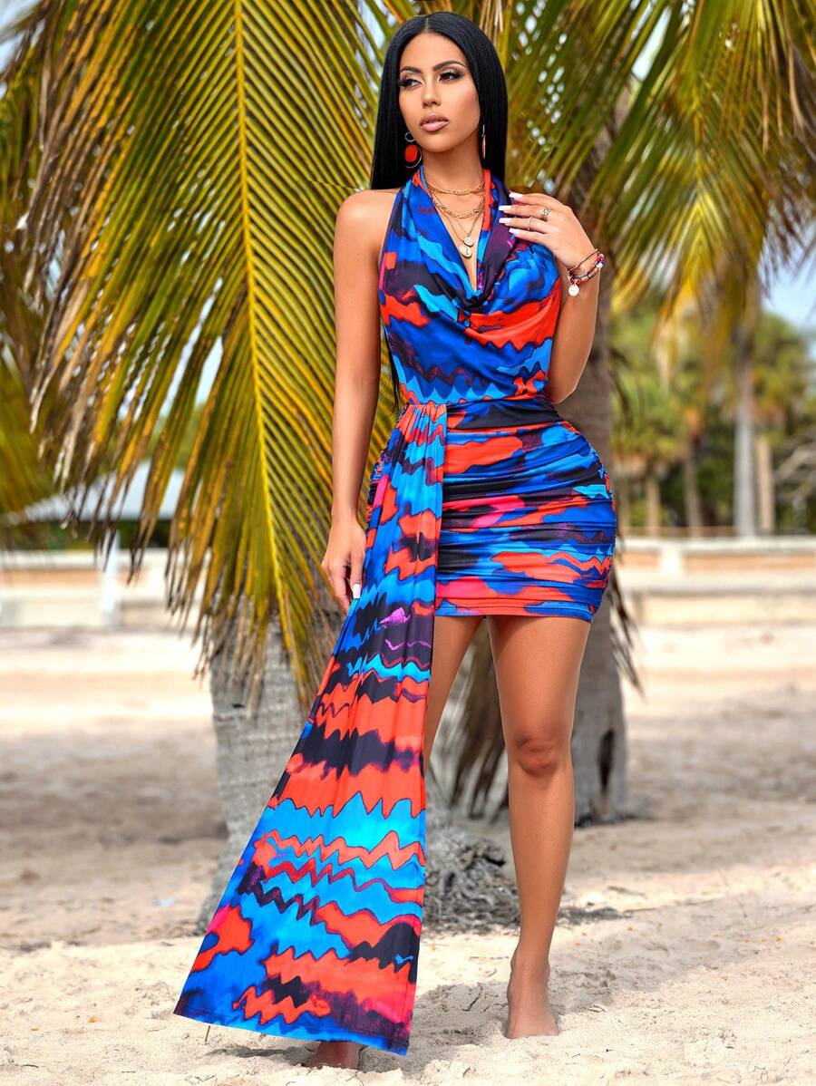 Zolique Women's Geometric Pattern Dress With Cowl Collar - Multicolor - View 1