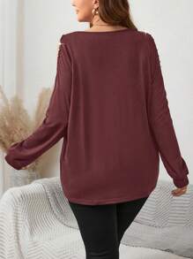 SHEIN LUNE 大尺碼女水鑽裝飾露肩長袖圓領 T 卹 - 酒紅色 - 查看 2