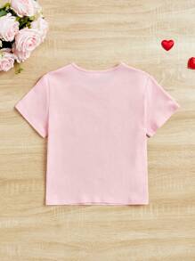 SHEIN Tween Girls' Sequin Heart Detail Casual Short Sleeve T-Shirt