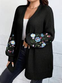 SHEIN LUNE Plus Size Floral Embroidery Drop Shoulder Cardigan, For Winter
