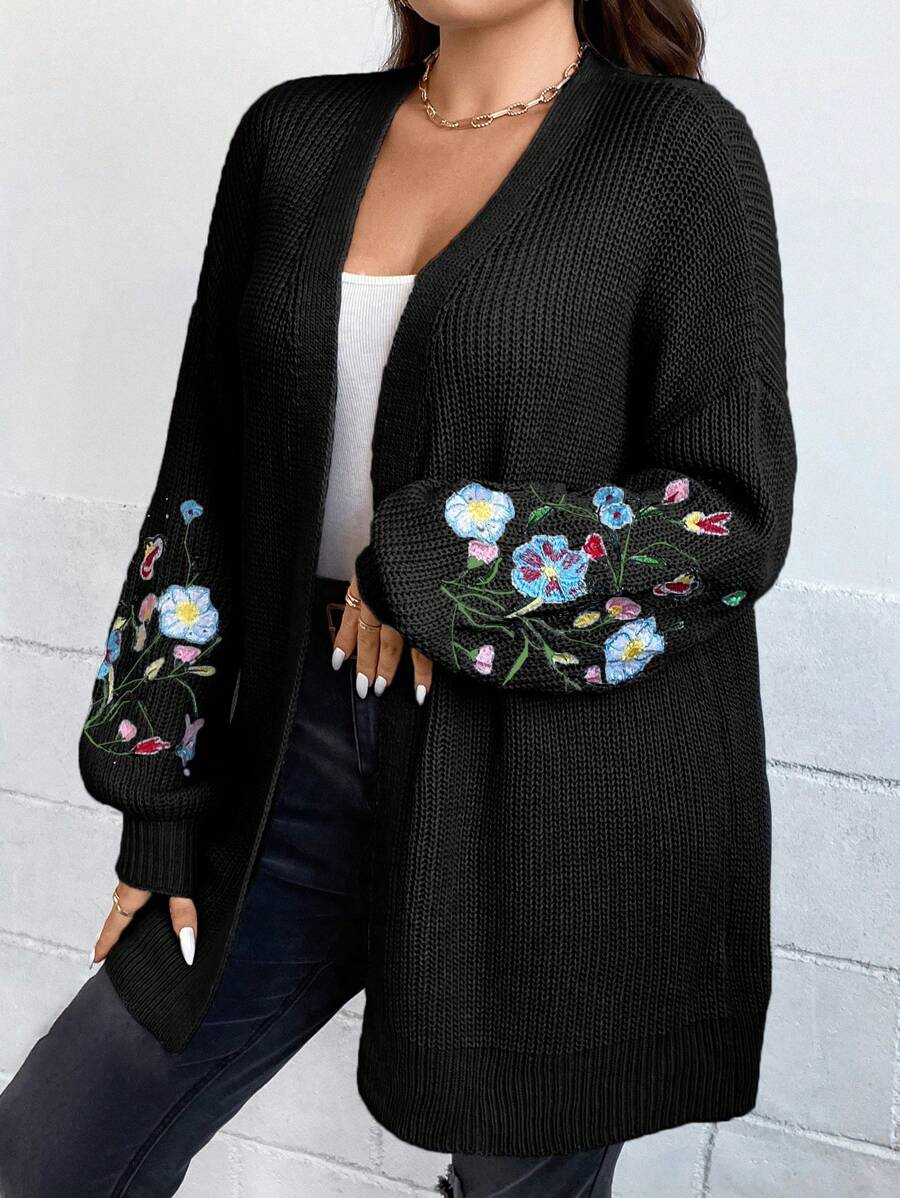 SHEIN LUNE Plus Size Floral Embroidery Drop Shoulder Cardigan, For Winter