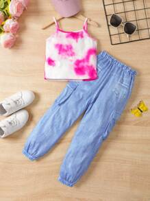 Little Girls' Knitted Dip-Dye Butterfly Pattern Tank Top And Woven Solid Color Overalls Two-Piece Set - Khaki - View 2