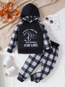 SHEIN Young Boys Casual Stylish Fist Printed Long Sleeve Hoodie And Pants Set - Black and White - View 1