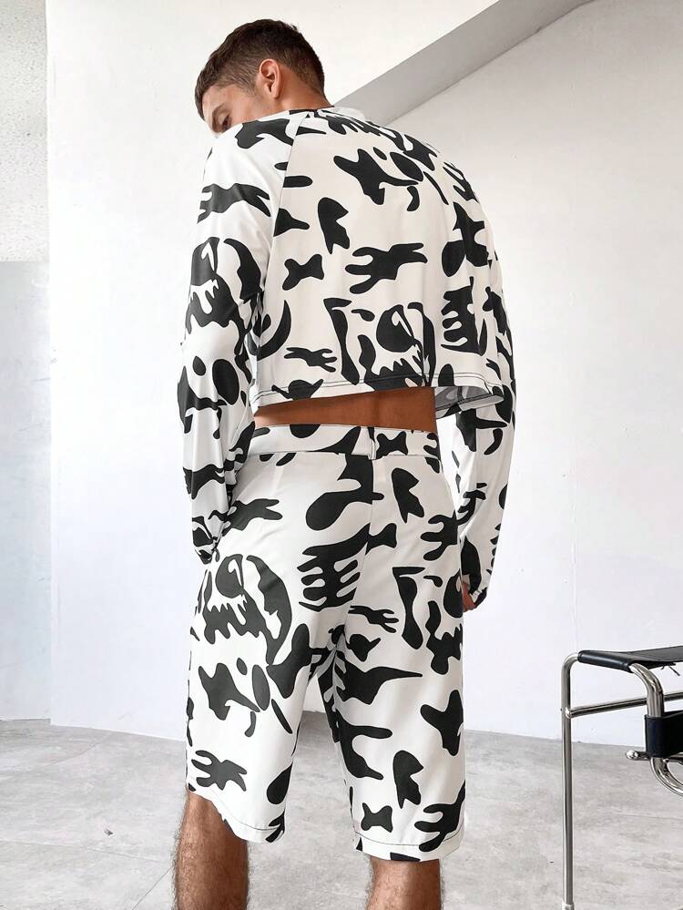 Men'S Printed Crop Top And Shorts Set Without Belt