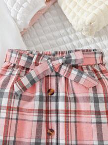 SHEIN 泡泡袖公主袖罗纹T恤和系带百褶裙 - 粉色 - 查看 5