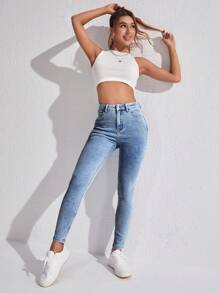 SHEIN SXY Women's High Waist Slim Fit Denim Pants - Medium Wash - View 3