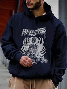 Men's Skull Printed Hoodie - Navy Blue - View 1